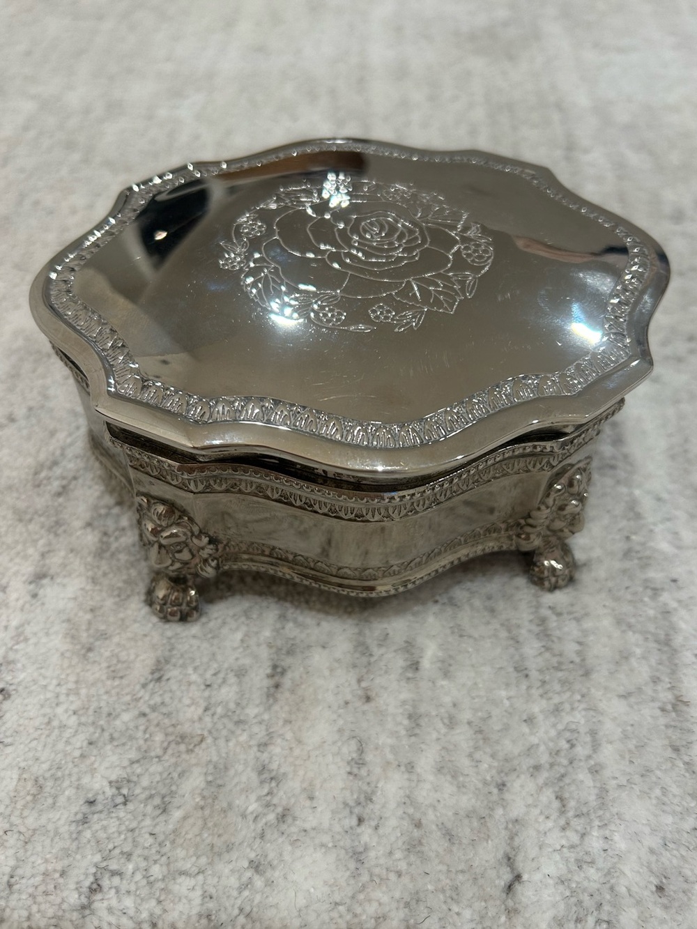 Vintage Silver Plated Jewelry Box Trinket Box Velvet Lined Footed Ornate Floral